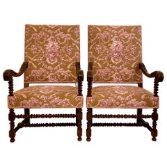 Pair Antique French Francois i Carved Walnut & Toile Armchairs, circa 1860