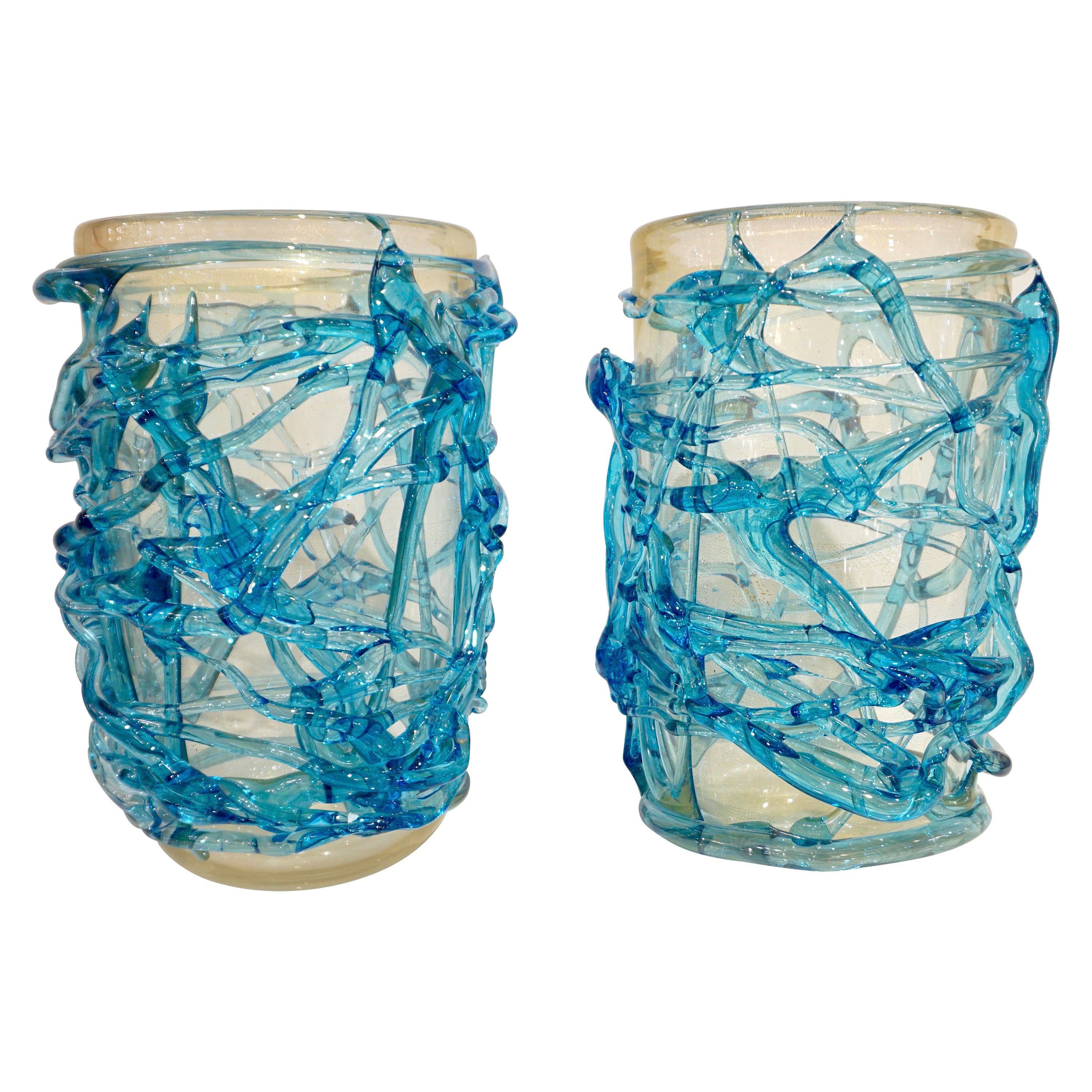 2000 Cenedese Italian Pair of Modern Aqua Blue 24 Kt Gold Murano Glass Art Vases For Sale