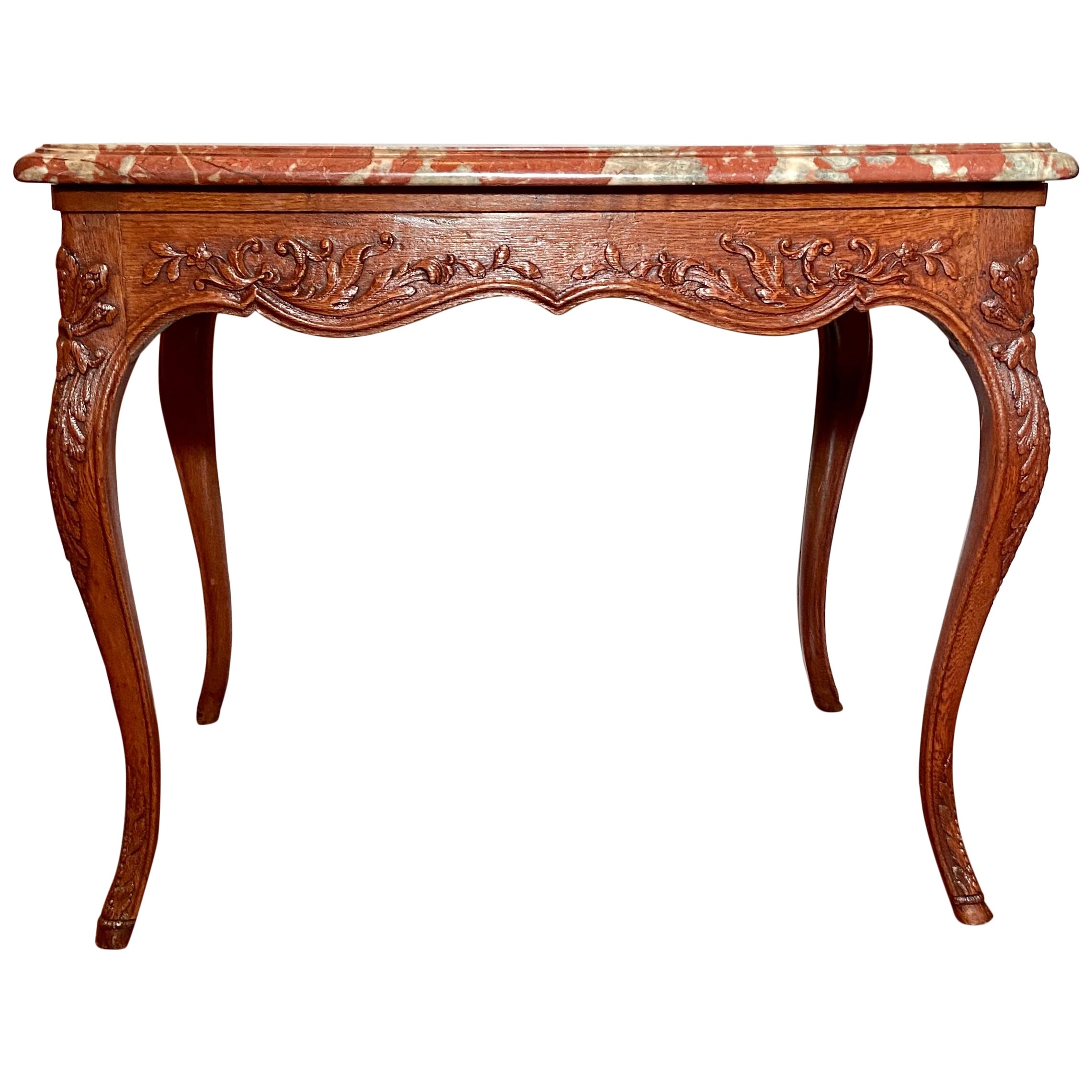 Antique French Provincial Carved Oak Marble Top Table, Circa 1860 For Sale