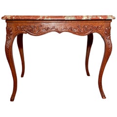 Used French Provincial Carved Oak Marble Top Table, Circa 1860