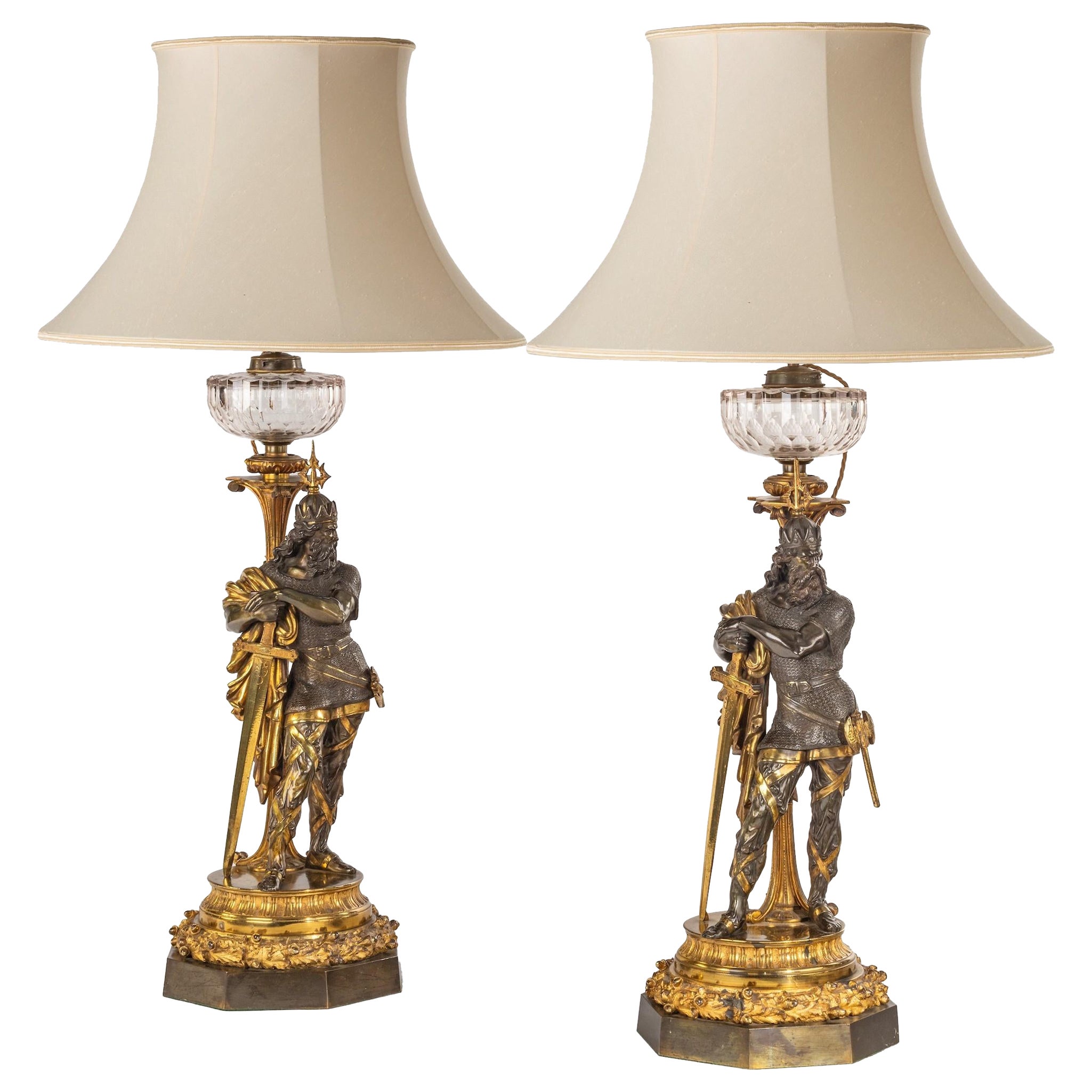 19th Century Pair of Bronze Lamps Designed as Medieval Knights
