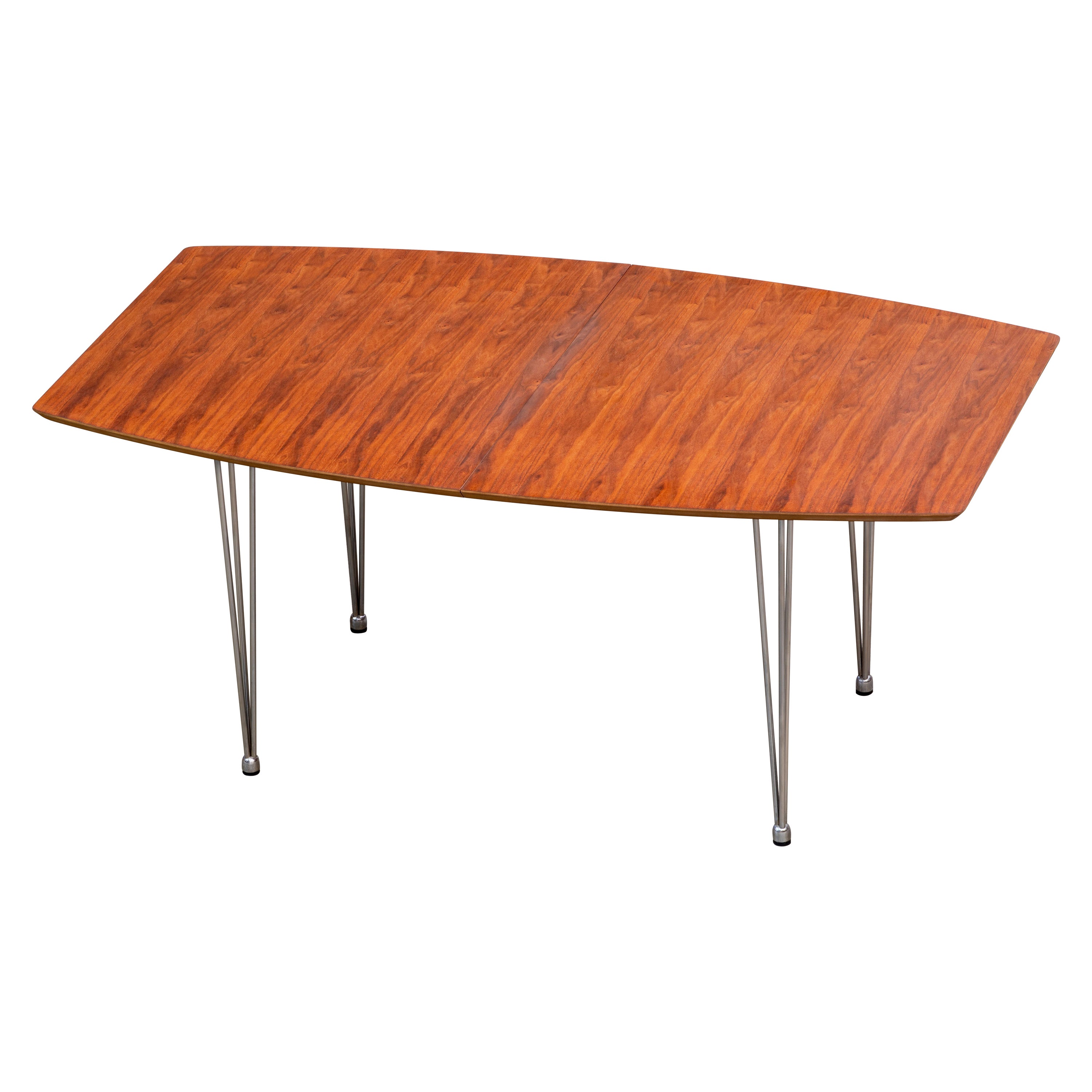 Table de salle à manger scandinave mi-siècle en noyer et chrome avec 2 rallonges