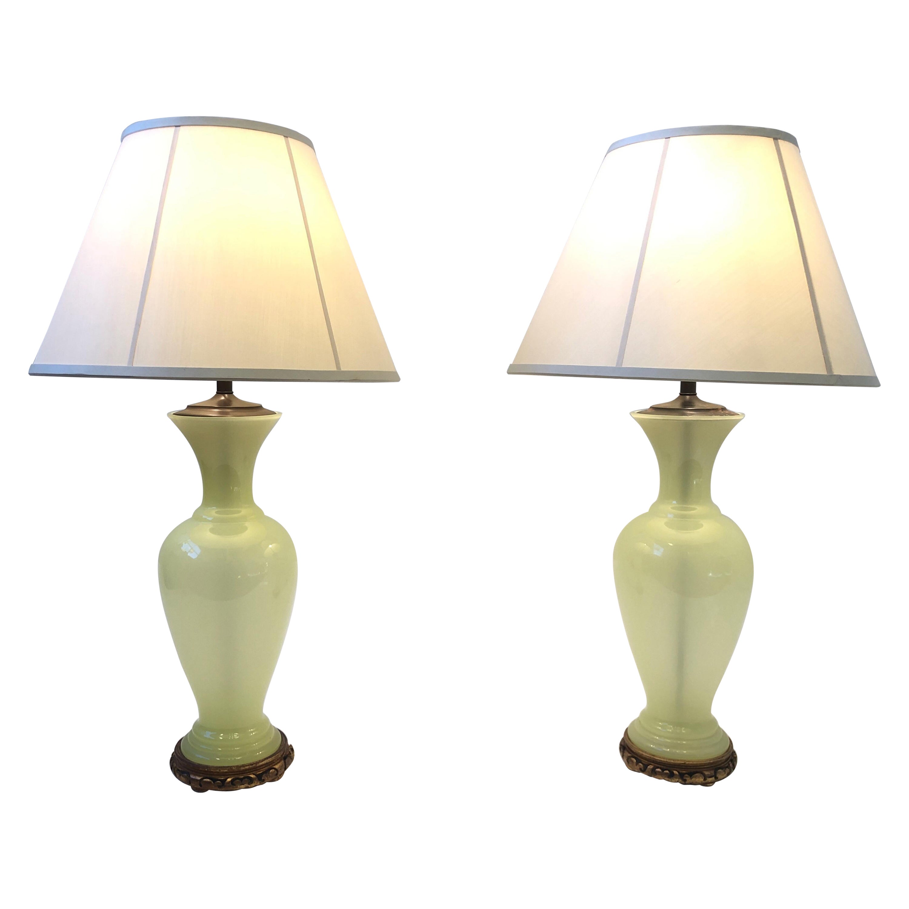 Pair of Italian Murano Opaline Glass and Bronze Table Lamps