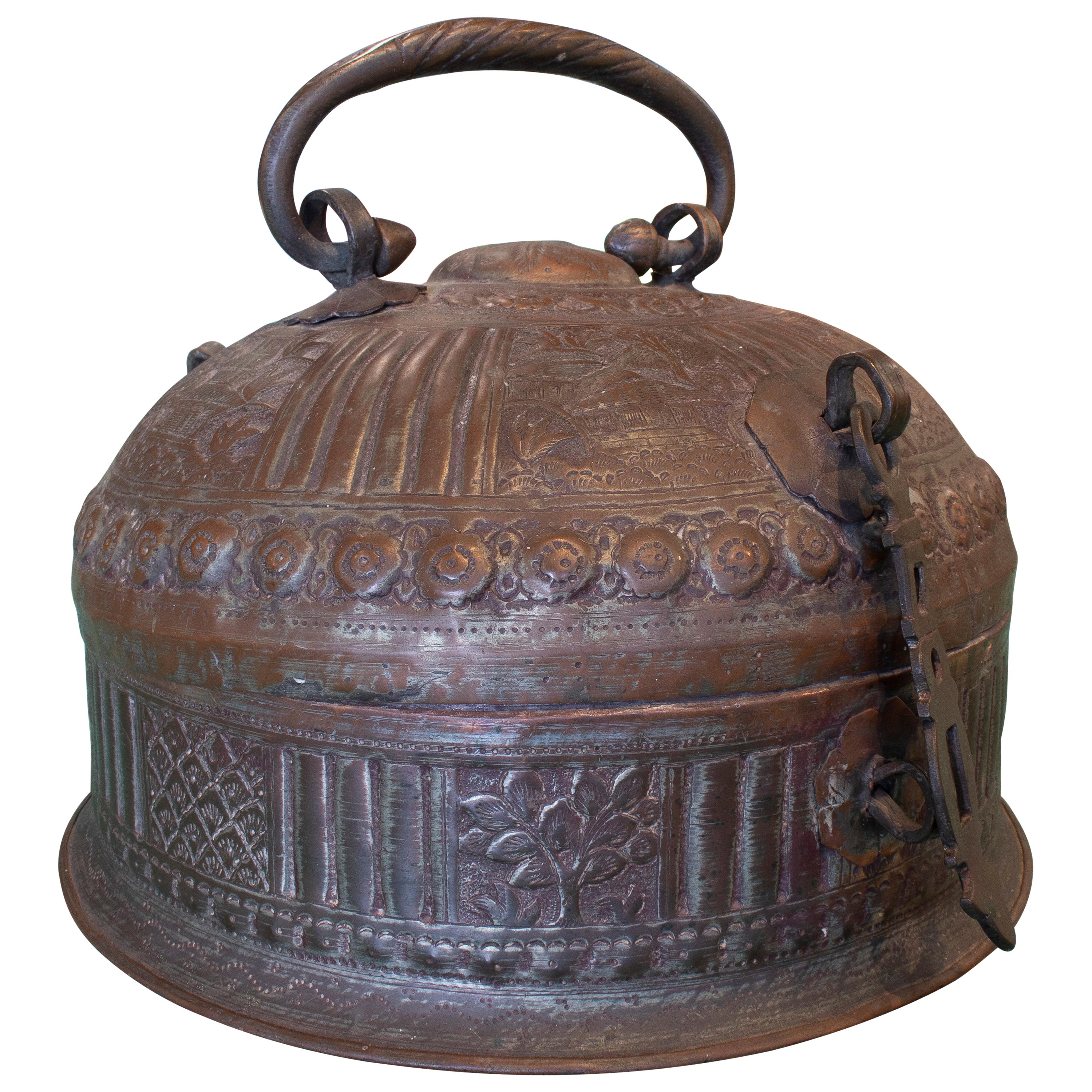 19th Century Indian Mogul Empire Hand Embossed Metal Box w/ Handle