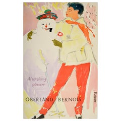 Original Vintage Poster Oberland Bernois After Skiing Pleasure Winter Snowman
