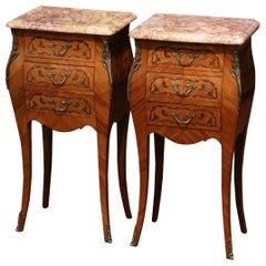 Pair of Mid-Century Louis XV Marble-Top Mahogany Marquetry Bedside Cabinets