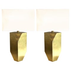Pair of Brass Polygonal Geometric Table Lamps, 1980s