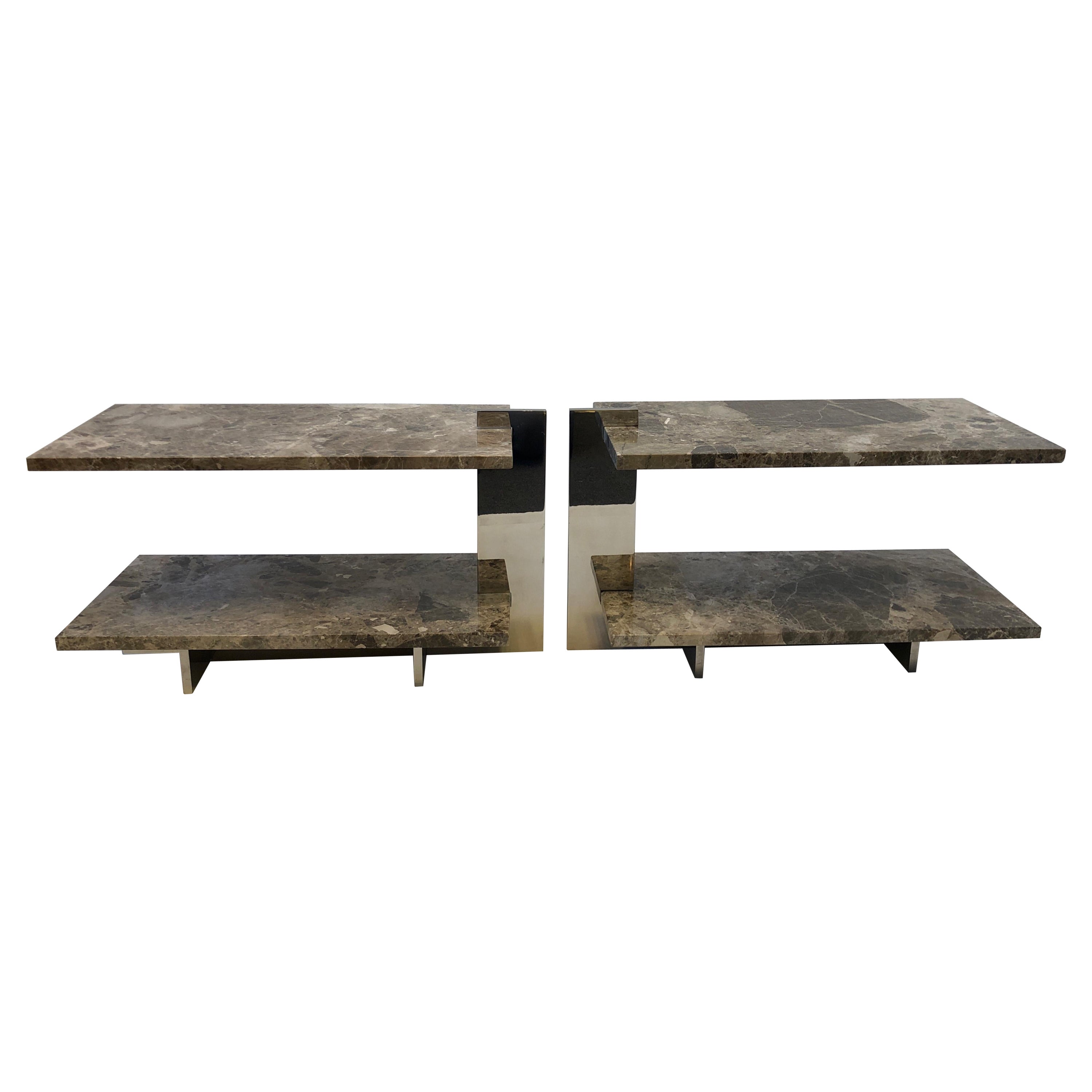 Pair of Marble and Stainless Steel Two-Tier Side Tables For Sale