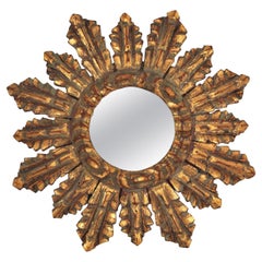 Spanish Baroque Sunburst Giltwood Convex Mirror in Small Scale