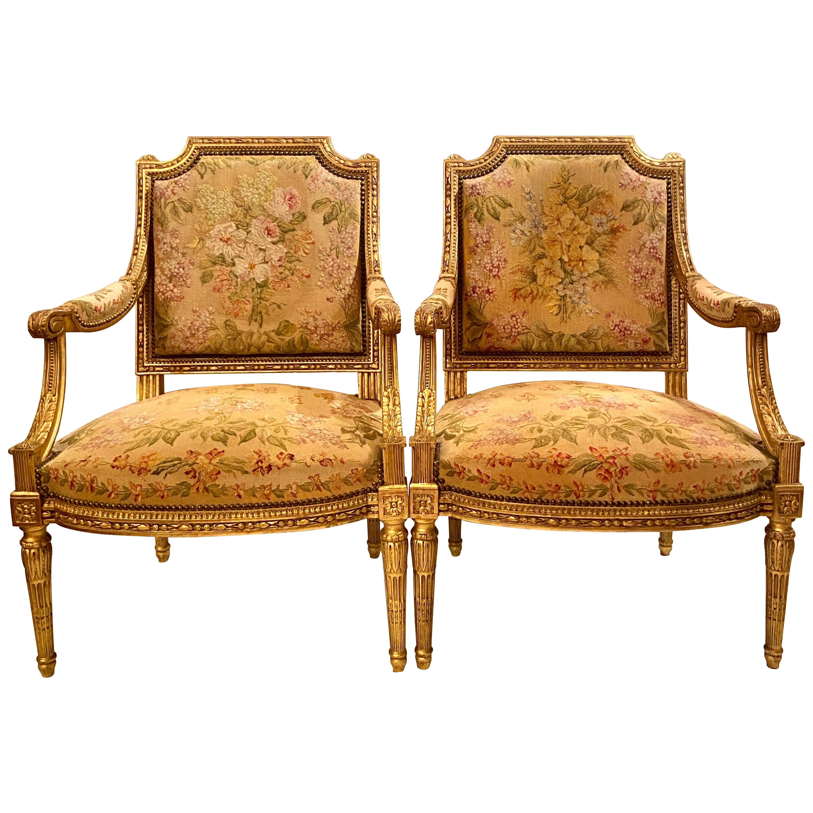 Pair Antique French Carved Wood with Gold Leaf Needlepoint Armchairs, Circa 1880 For Sale