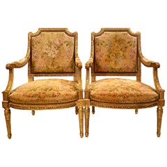 Pair Antique French Carved Wood with Gold Leaf Needlepoint Armchairs, Circa 1880