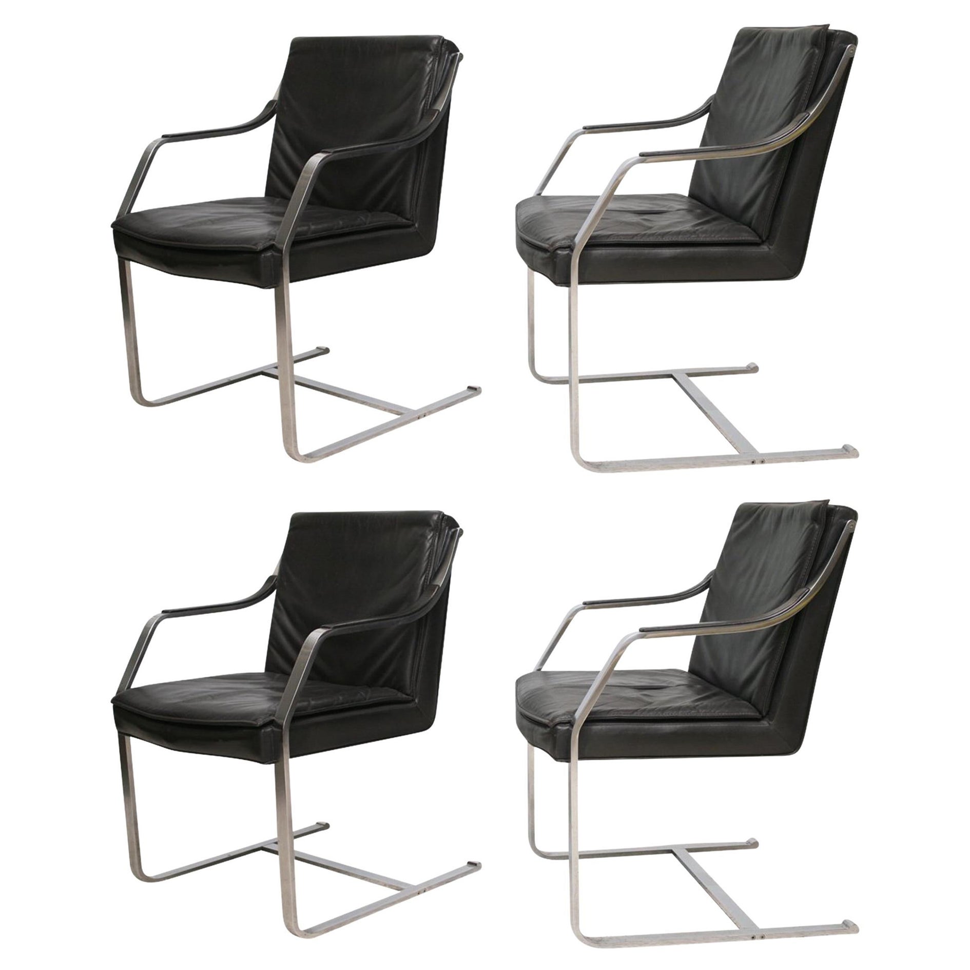 Set of 4 Steel and Black Leather Armchairs by Maison Jansen For Sale