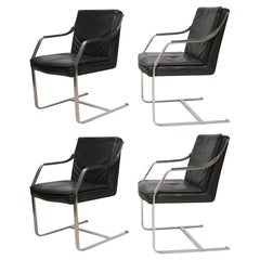 Set of 4 Steel and Black Leather Armchairs by Maison Jansen