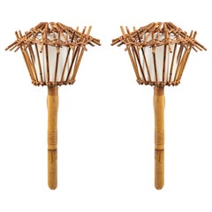 1950 Pair of Wall Lamps Torchère in Rattan Louis Sognot