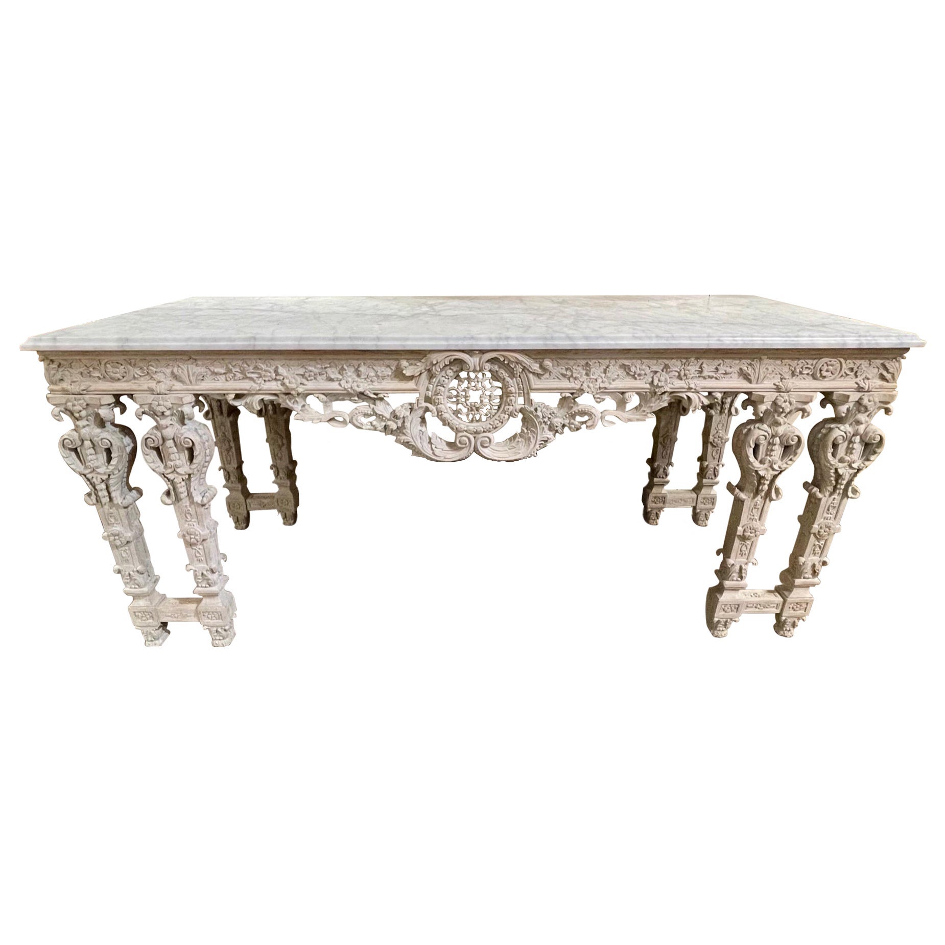 19th Century English Neo Classical Carved and Whitewashed Mahogany Console For Sale