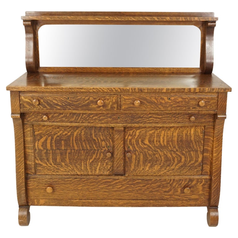 Antique Tiger Oak Sideboard, Mirror Back Buffet, Canada 1910, B2856 at