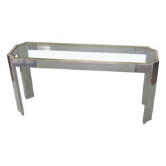 Aluminum and Brass Console Sofa Table with Glass Top, 1970s