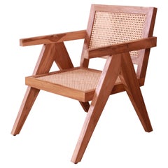 Pierre Jeanneret Style Sculpted Teak and Cane Club Chair