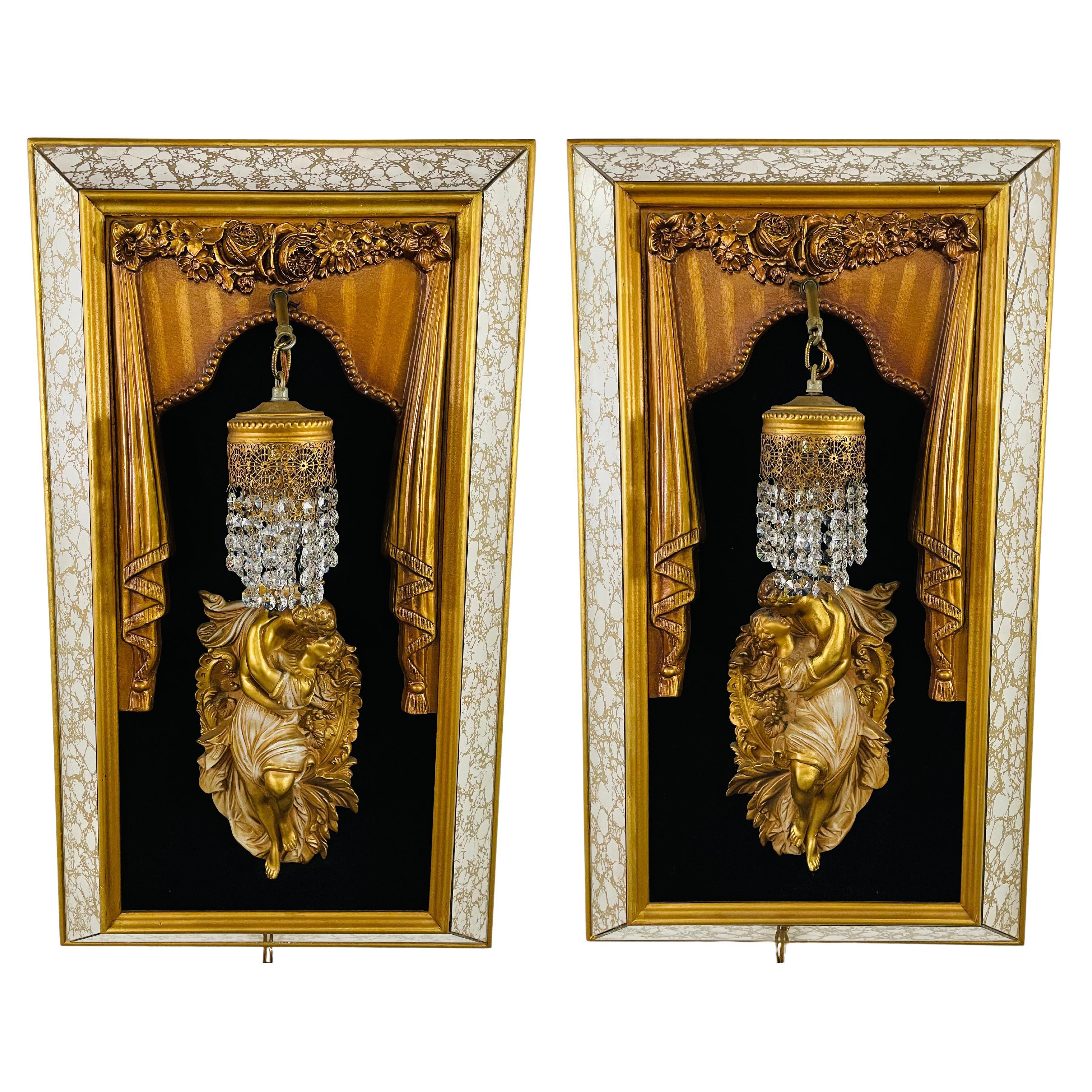 Italian Neoclassical Style Framed Man and Woman Kissing Statue / Sconce, a Pair For Sale