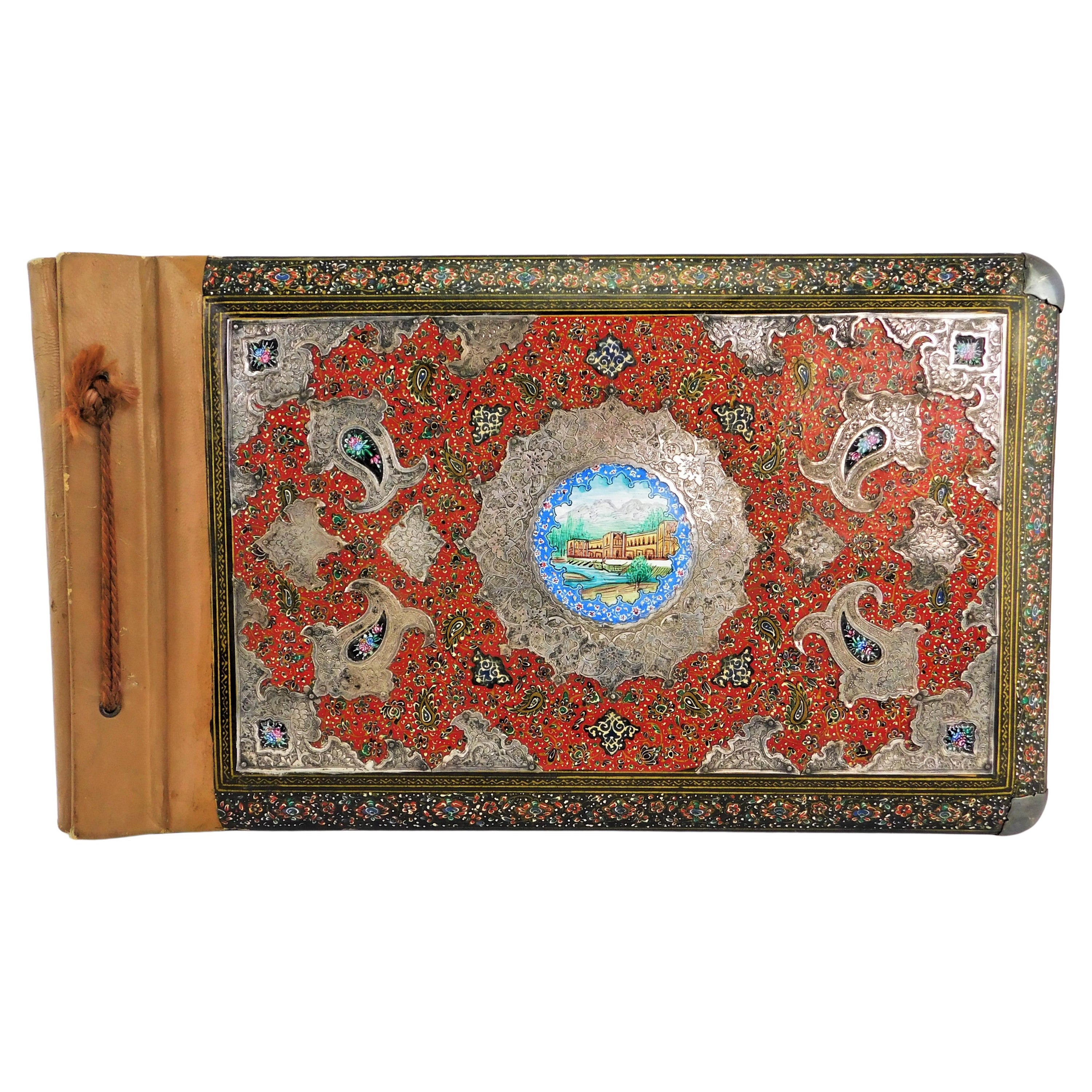 Antique Handmade Qajar Persian Lacquer Photo Album Silver on Leather For Sale