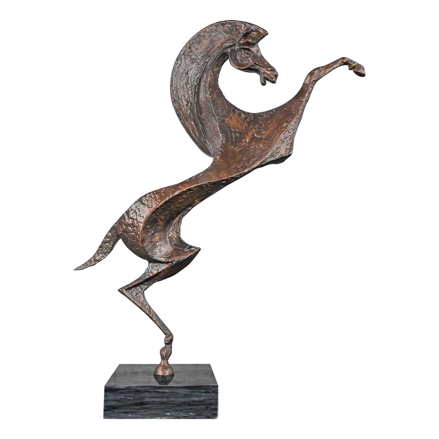 Modern Cast Metal Stylized Rearing Horse Sculpture Marble Base Attri Curtis Jere For Sale