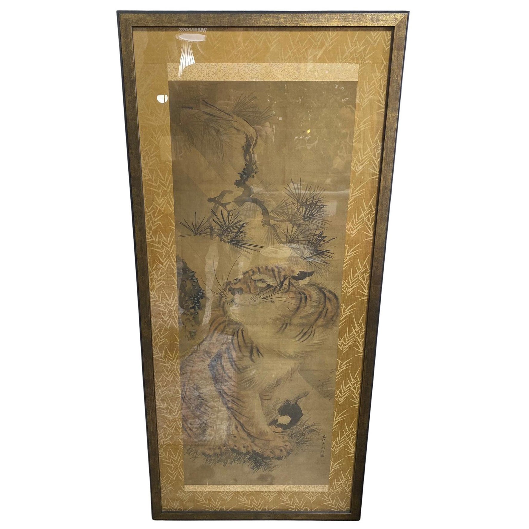 Japanese Asian Signed Edo Period Framed Hand Painted Tiger Scroll