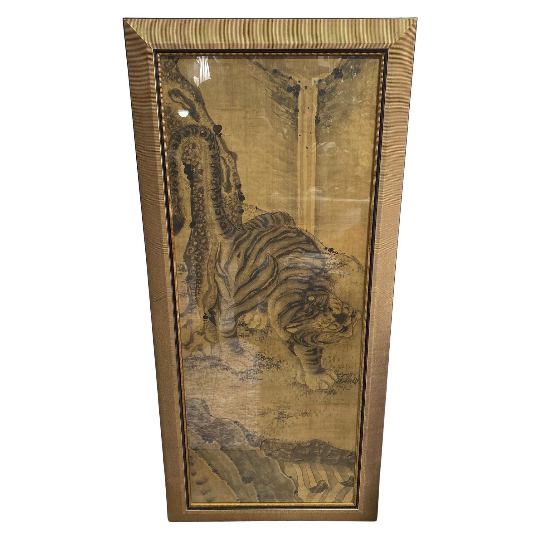 Japanese Asian Large Edo Period Framed Hand Painted Tiger Scroll