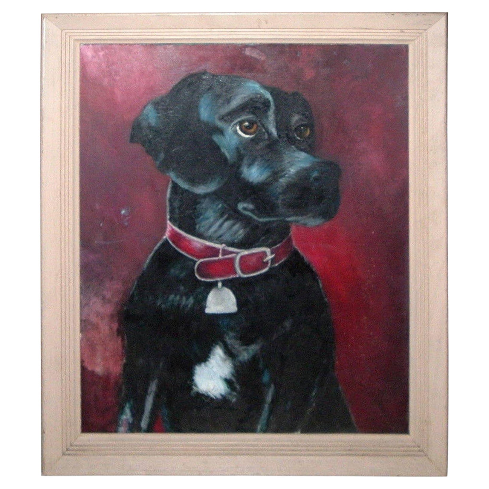 Black Labrador Dog Painting Pet Portrait Mid Century For Sale