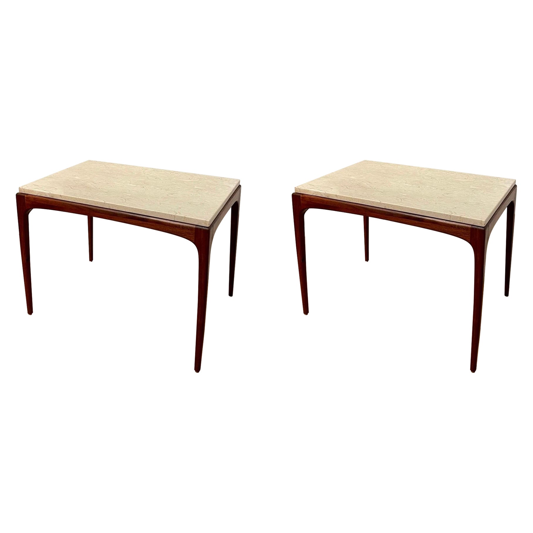 Pair of American Mid Century Marble & Walnut End Cocktail Tables