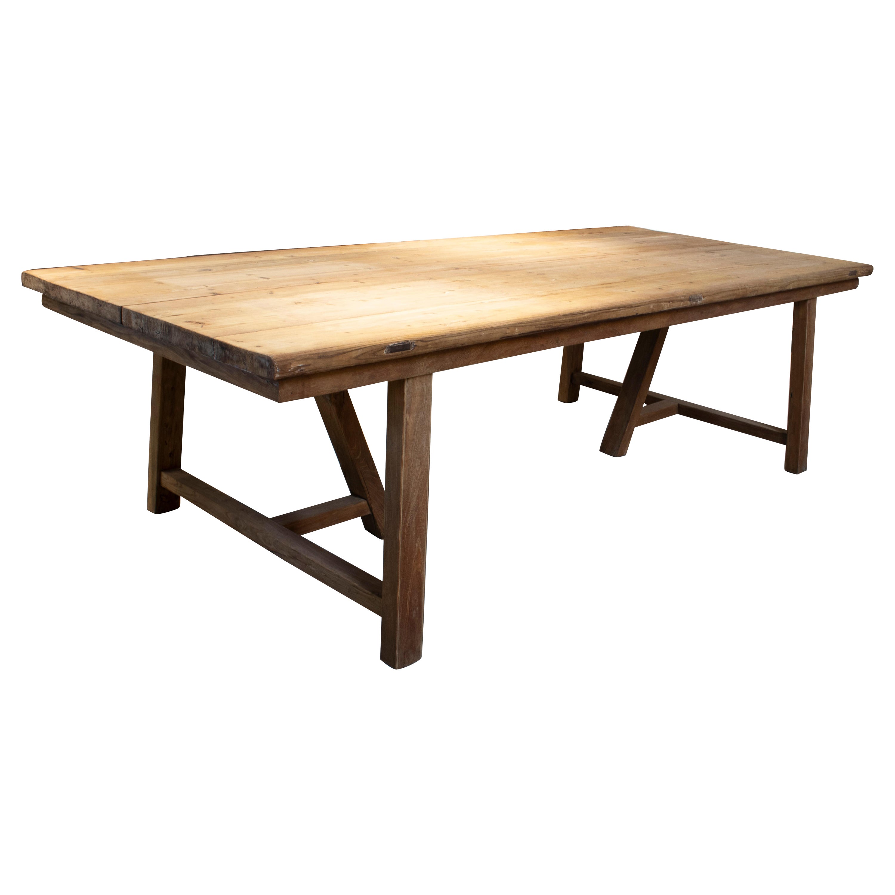 1970s Spanish Lime Washed Elm Wood Farmhouse Dining Table