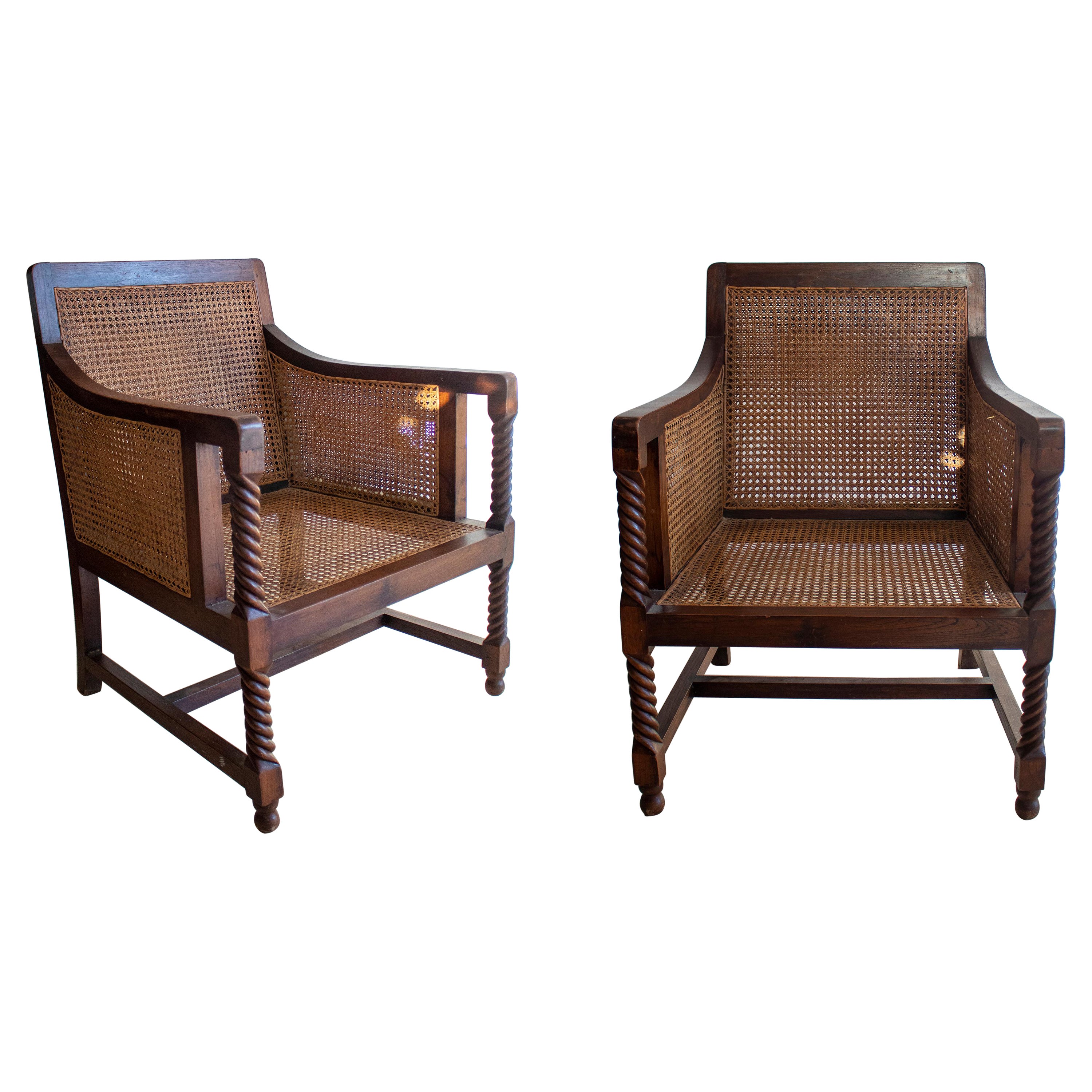 Pair of 1970s Spanish Wood & Woven Cane Sofa Chairs w/ Spindle Armrest Support