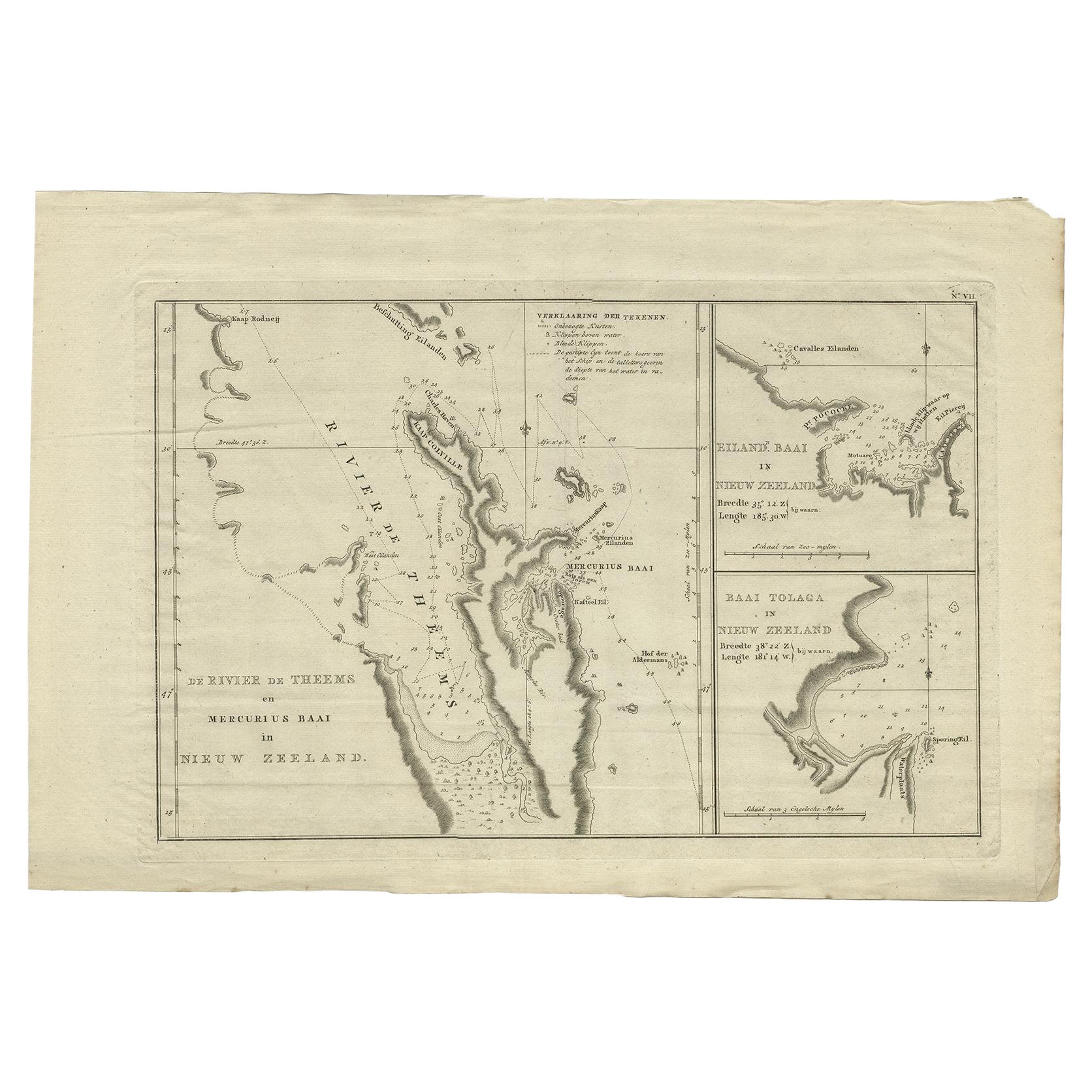 Detailed Map of New Zealand Showing the Route of Capt. Cook's First Voyage, 1803 For Sale