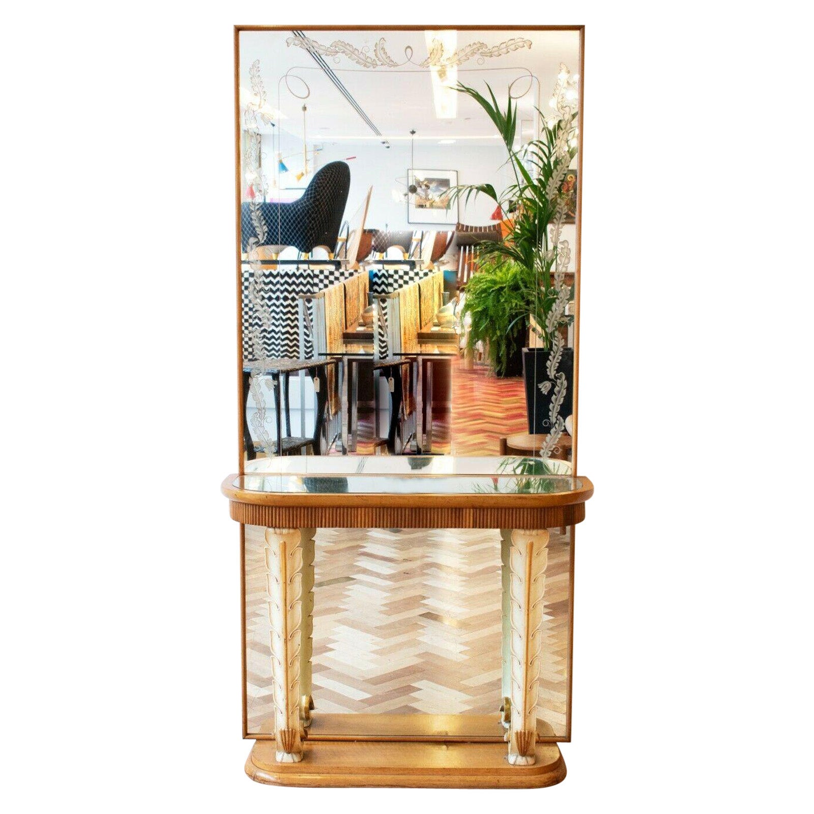 Italian Walnut Mirror Hall Stand, Original Glass, Art Deco Style, 1950's For Sale