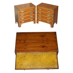 Pair of Burr Yew Wood Military Campaign Chest of Drawers Green Leather Tray