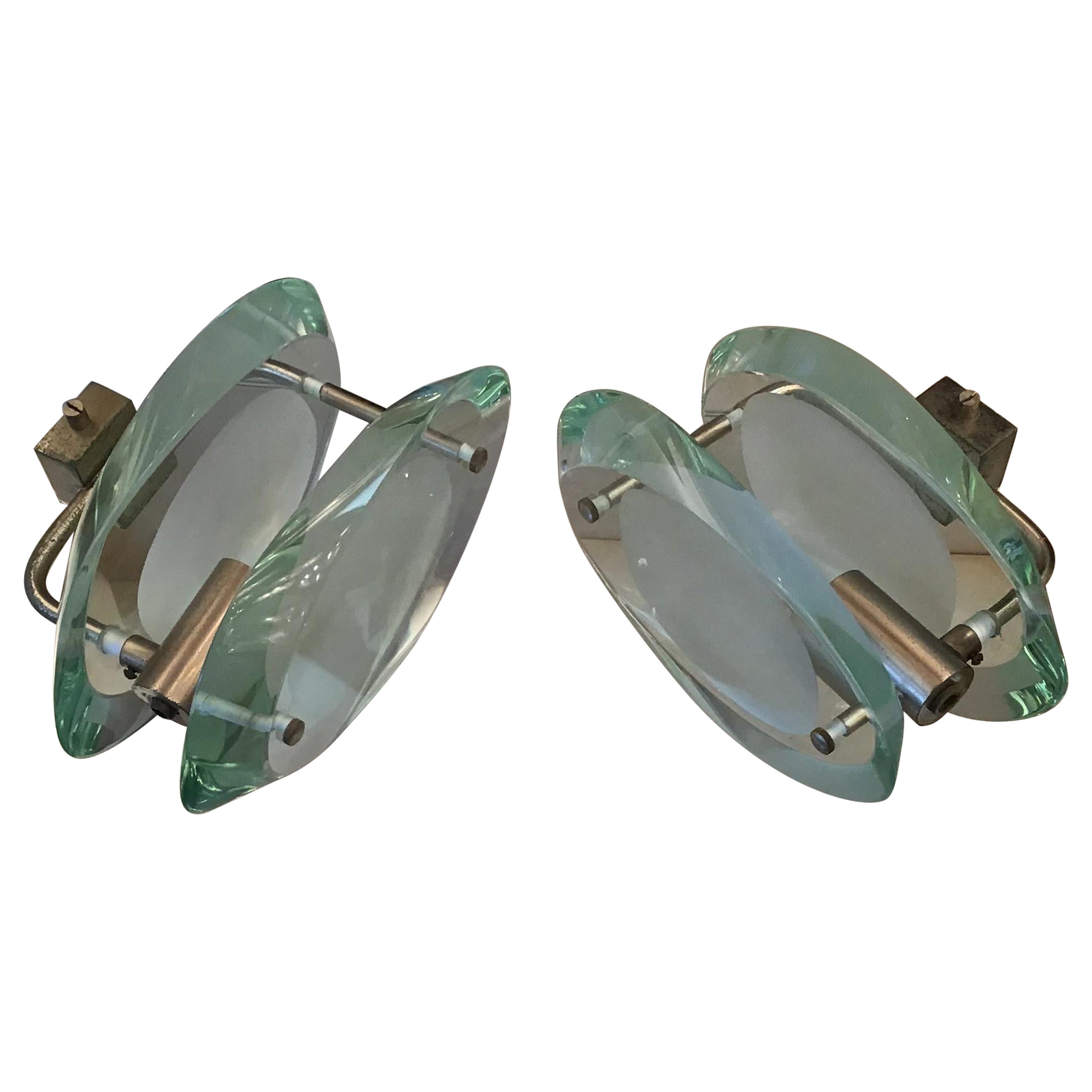 Fontana Arte “Max Ingrand “ Sconces 2093 Glass Metal Crome, 1961, Italy For Sale
