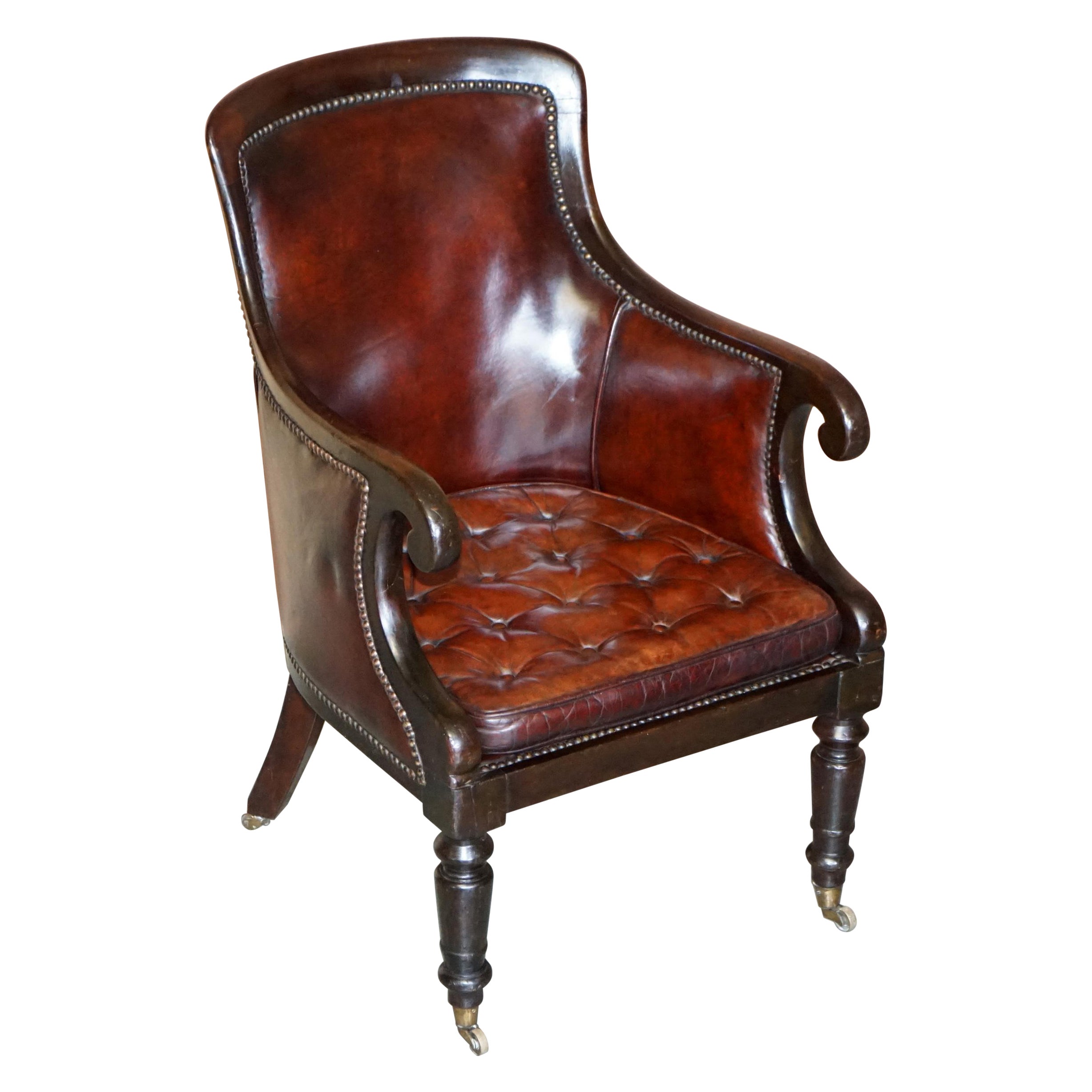 William IV Thomas Chippendale Hand Dyed Brand Leather Library Reading Armchair