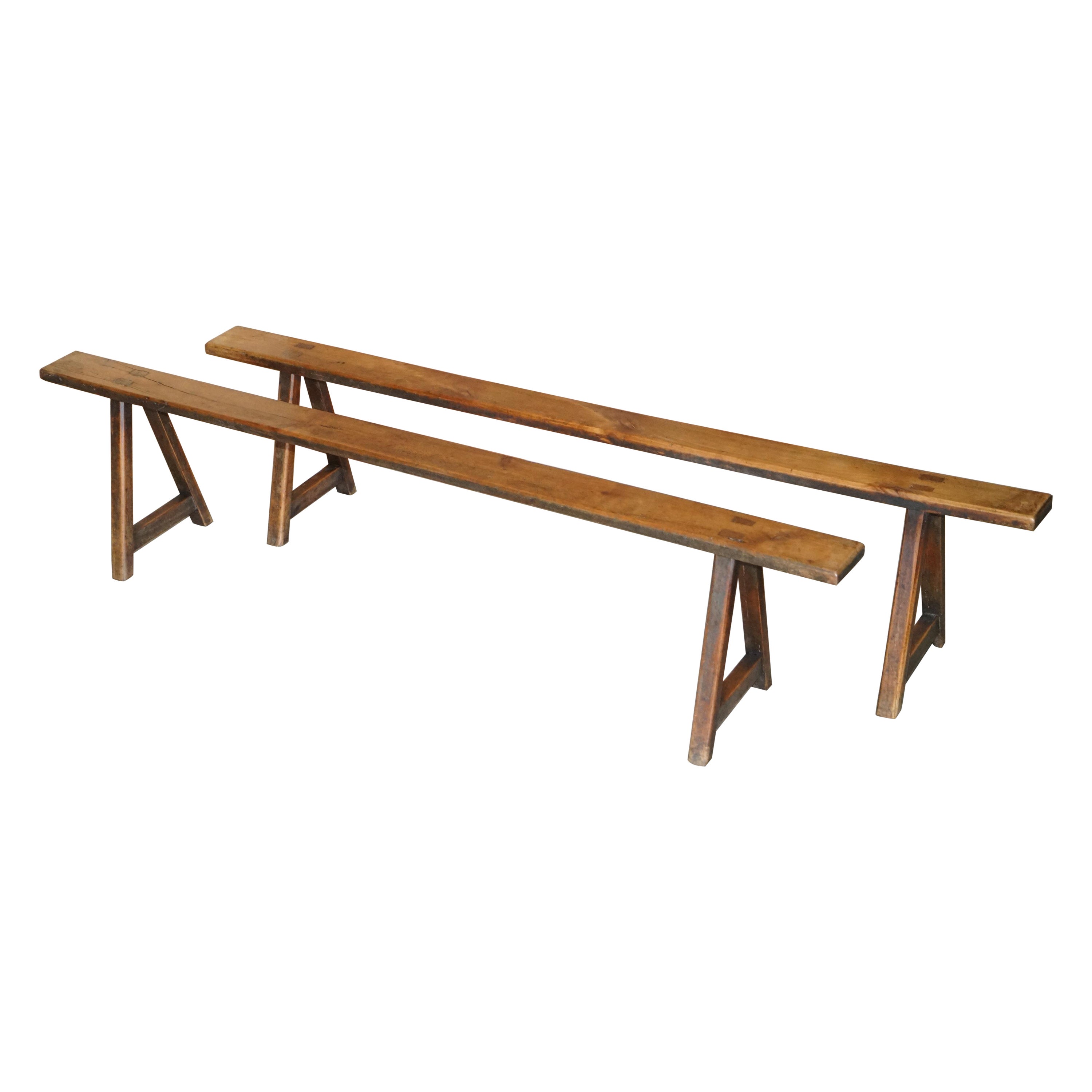 Pair of Antique Victorian Fruitwood Trestle Benches for Long Dining Tables For Sale