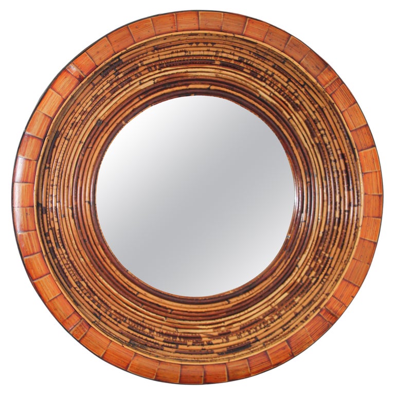 Asian Bamboo and Wood Round Wall Mirror Organic Modern For Sale