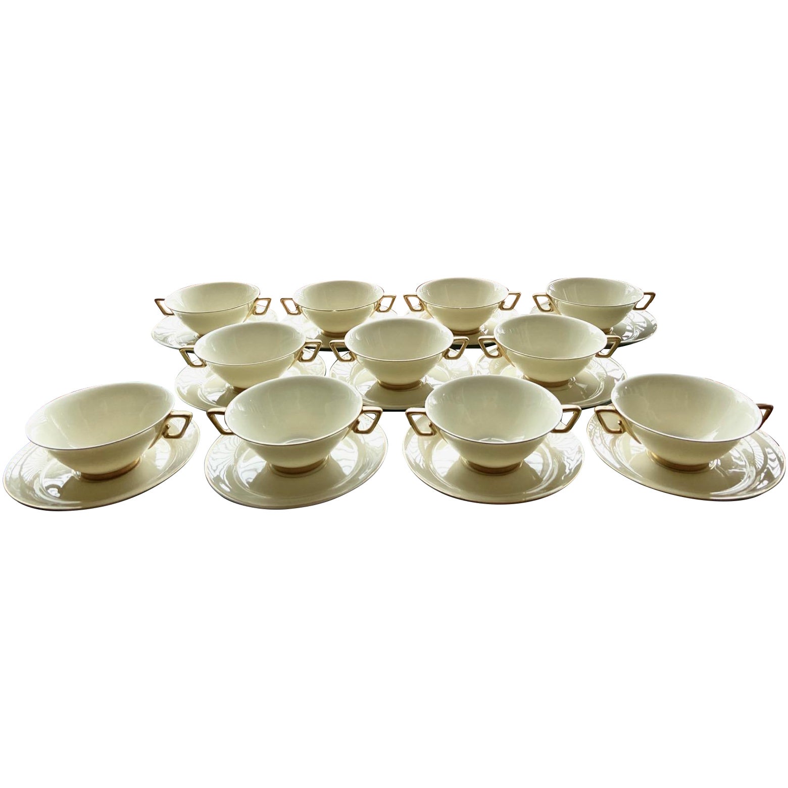 10 Art Deco Limoges White and Gold Soup Bowls by Marcel Goupy for Rouaud, Paris For Sale