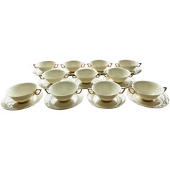 Vintage 10 Art Deco Limoges White and Gold Soup Bowls by Marcel Goupy for Rouaud, Paris