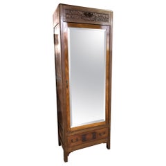 Italian Wardrobe Original Art Nouveau Walnut and Fir One Door with Mirror