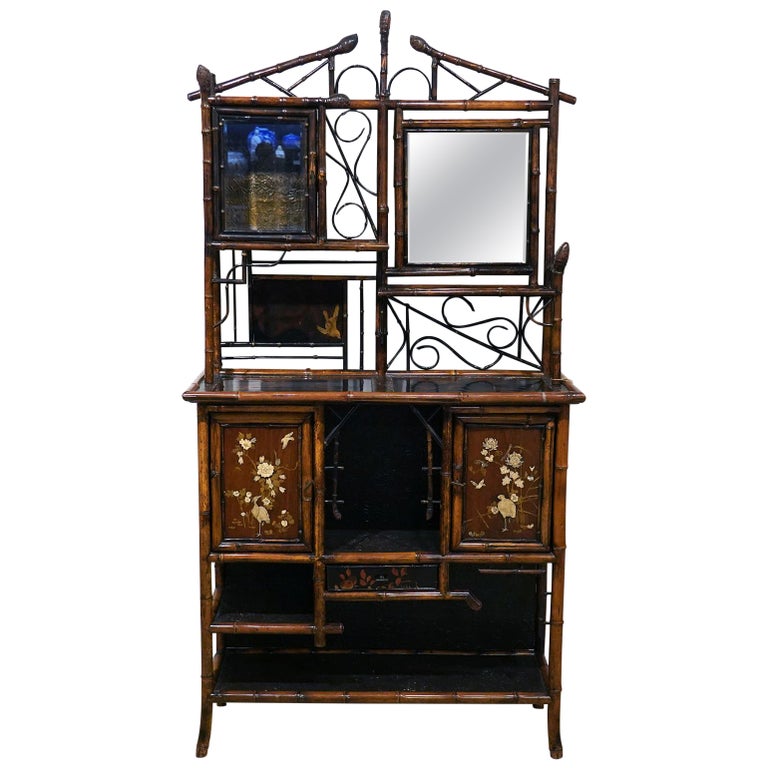 English Aesthetic Movement Bamboo and Lacquer Inlaid Cabinet Etagere, circa 1890 For Sale