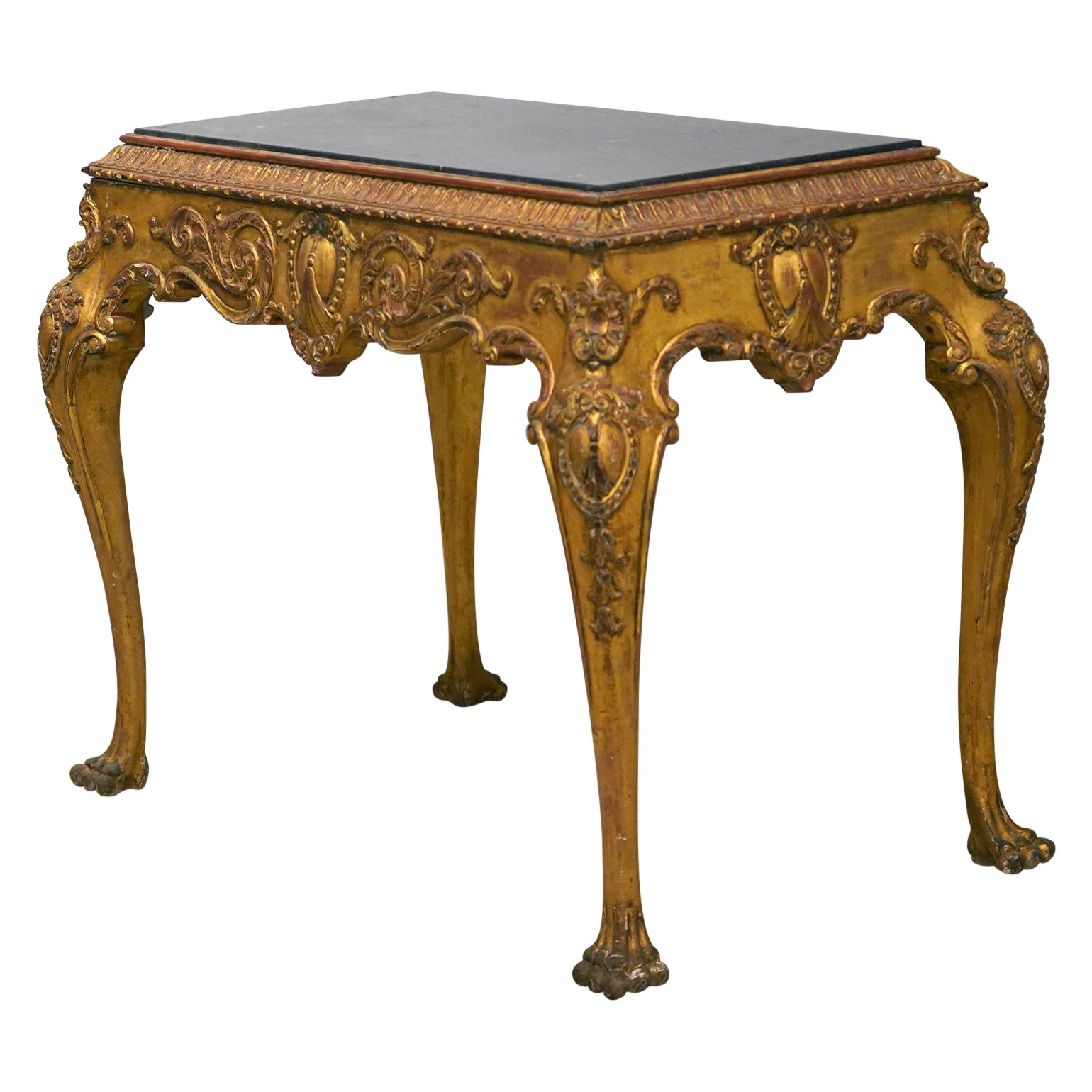 English Chippendale Style Carved Giltwood Marble Top Center Table, Late 19th C