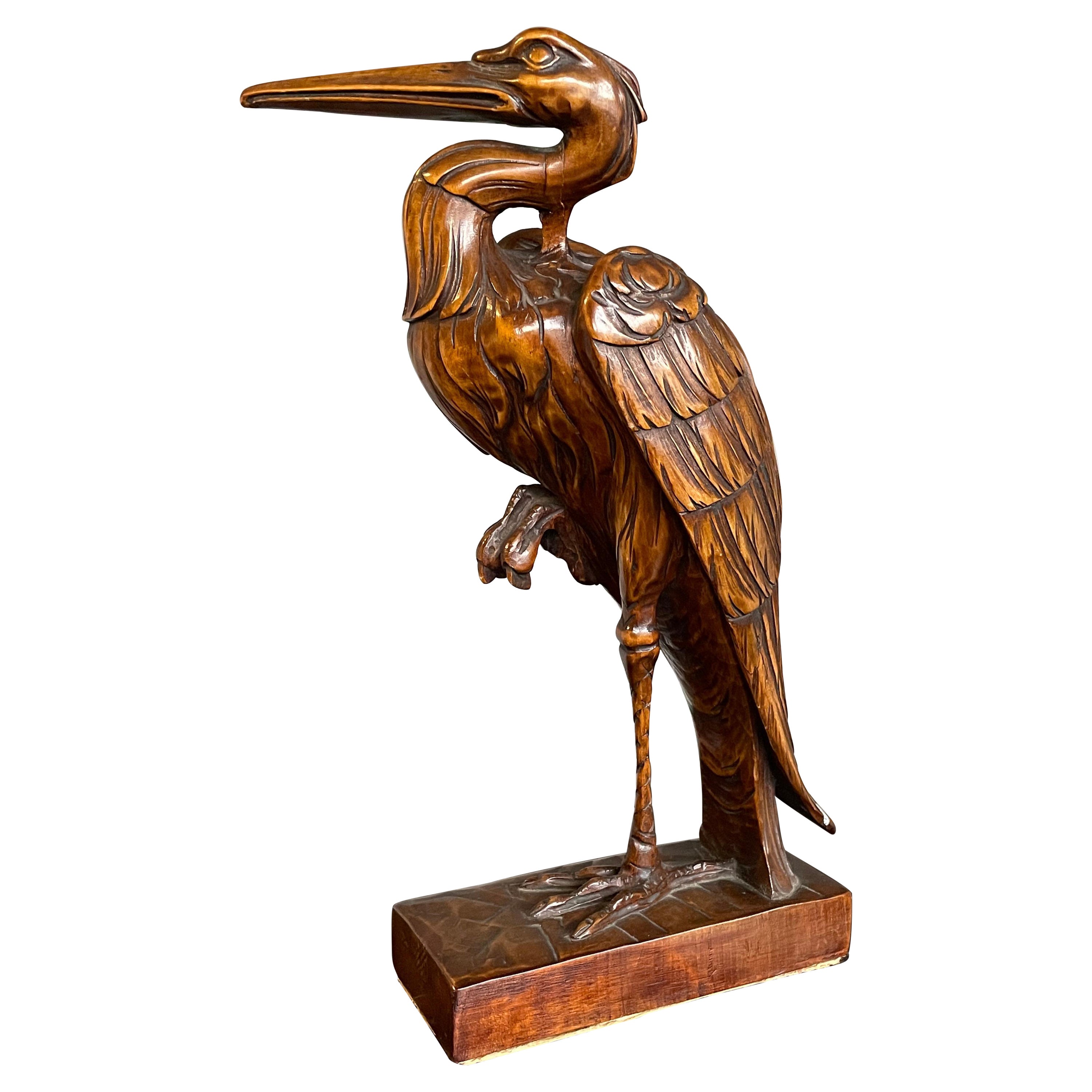 Stunningly Hand Carved Wooden Arts and Crafts Herron Bird Sculpture, circa 1910