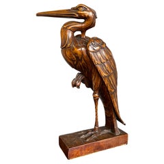 Stunningly Hand Carved Wooden Arts and Crafts Herron Bird Sculpture, circa 1910