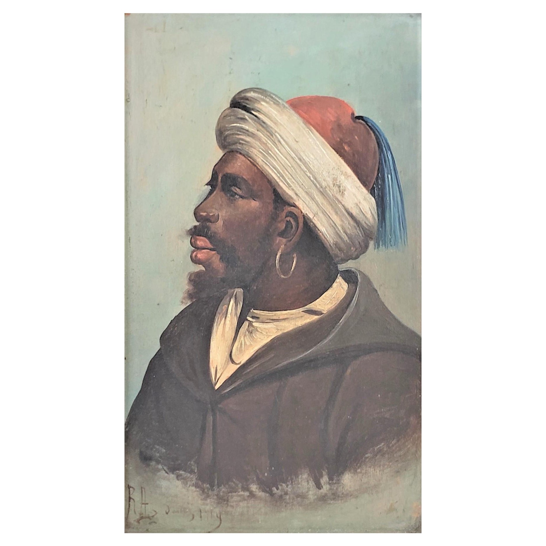 Original Antique Signed Portrait Oil Painting on Wood Panel of a Moroccan Moor