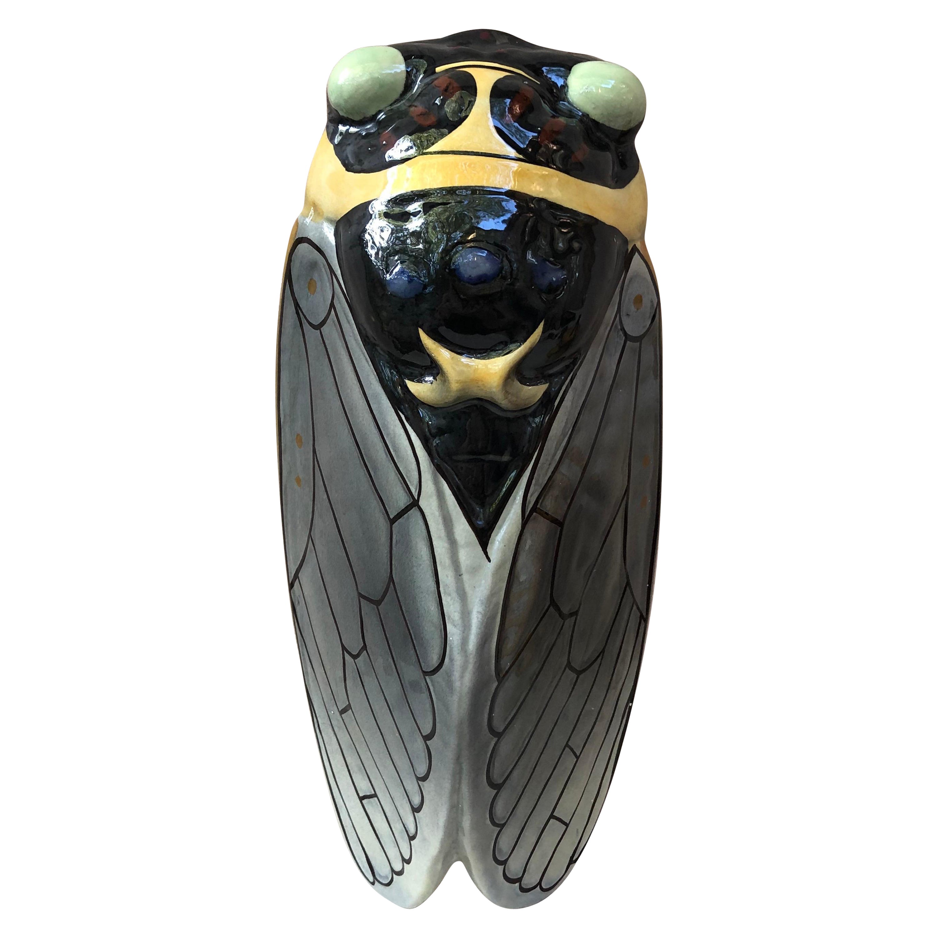 Large French Majolica Cicada Wall Pocket Sicard