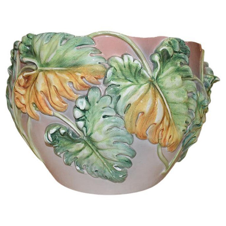 Monumental Italian Majolica Jardinière Planter Container with Palm Frond Details For Sale