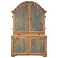 18th C. Swedish Rocco Period Two-Part Linen Press Cabinet in Original Blue Paint