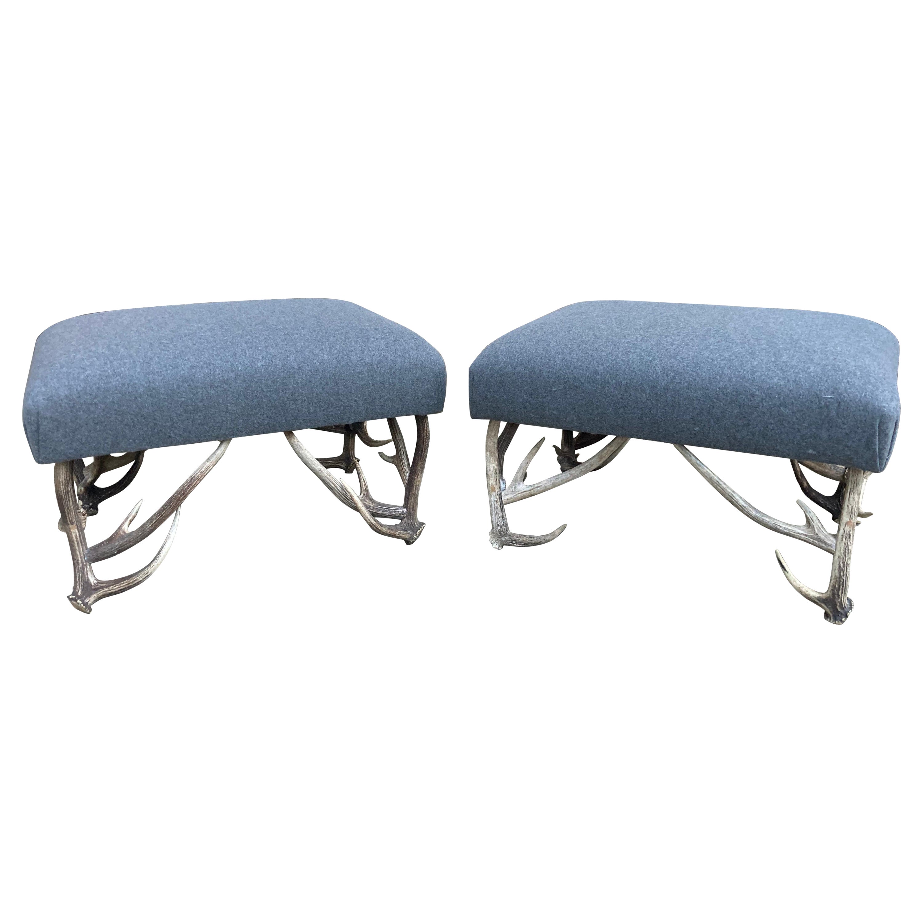 Pair of Deer Antler Upholstered Ottomans / Benches